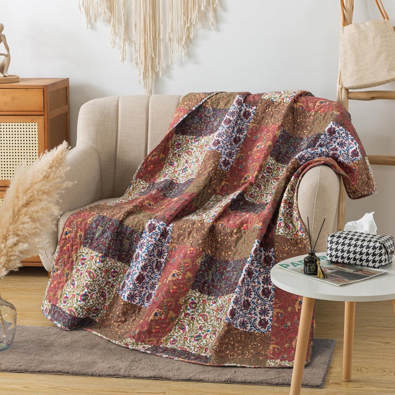 SLPR Red Riches 50" x 60" Fall Quilted Throw Blanket, Brown and Rust Floral Pattern Throw Quilt for Couch and Bed, Autumn Red Toned Patchwork Lap Quilt - Image 4